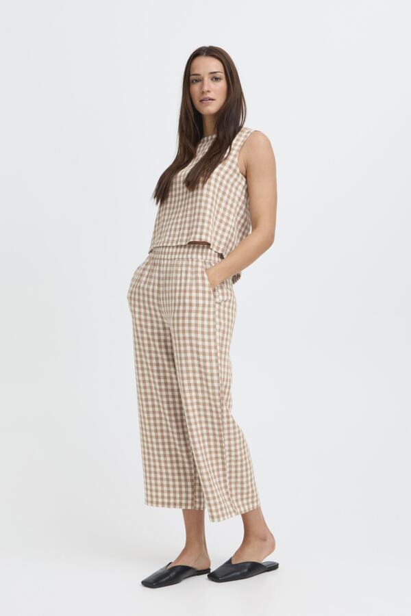 FALAKKA Linen Gingham Check Cropped Trousers in Brown