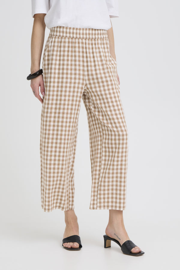 FALAKKA Linen Gingham Check Cropped Trousers in Brown