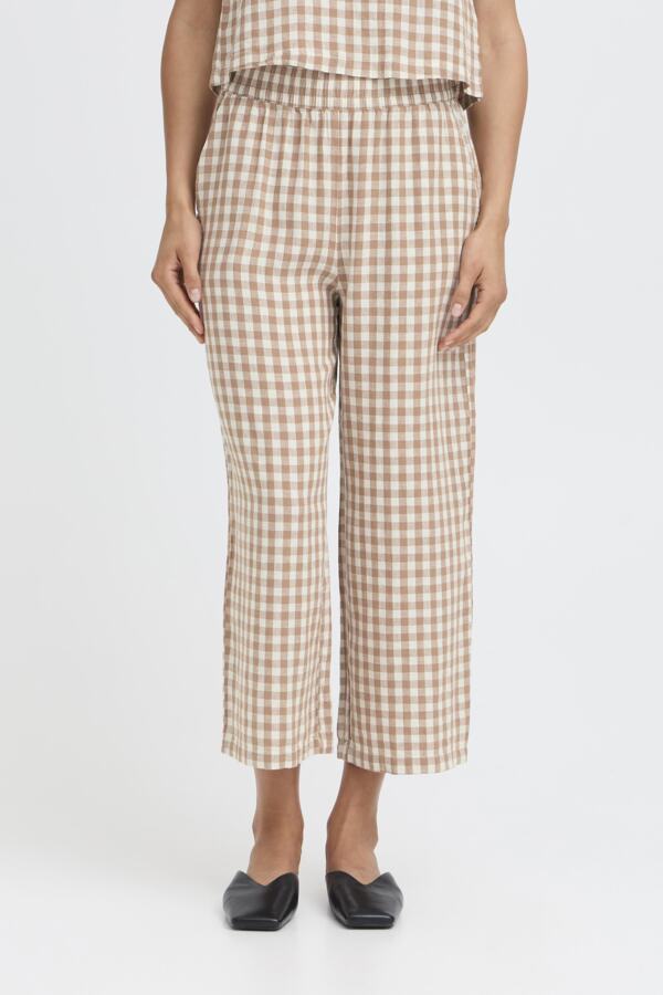 FALAKKA Linen Gingham Check Cropped Trousers in Brown