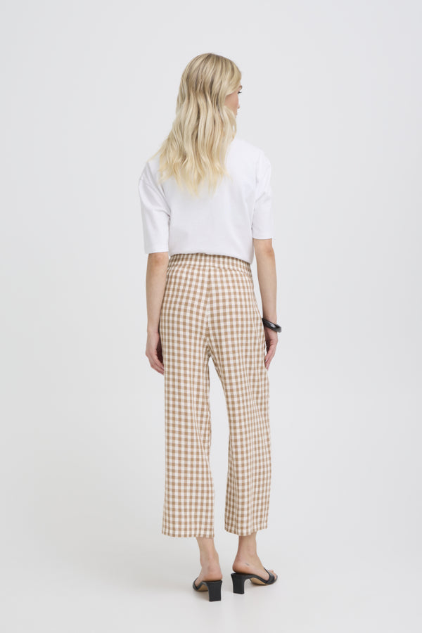 FALAKKA Linen Gingham Check Cropped Trousers in Brown