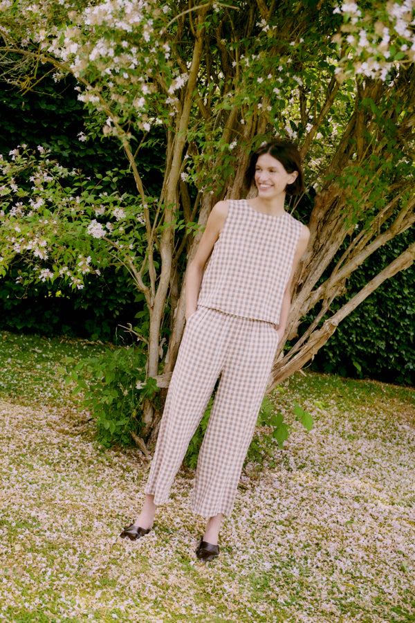 FALAKKA Linen Gingham Check Cropped Trousers in Brown