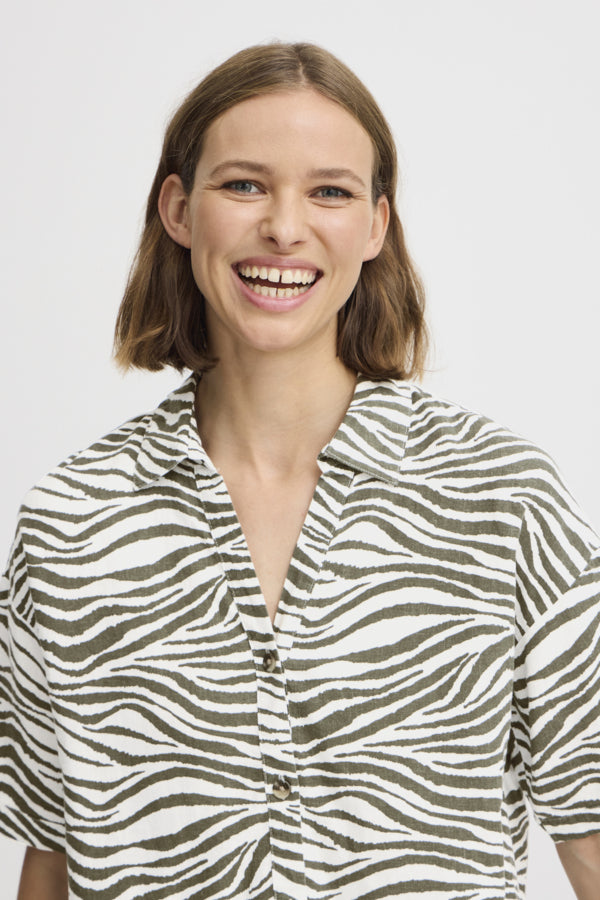 FALAKKA Linen Zebra Shirt in Khaki Olive Green