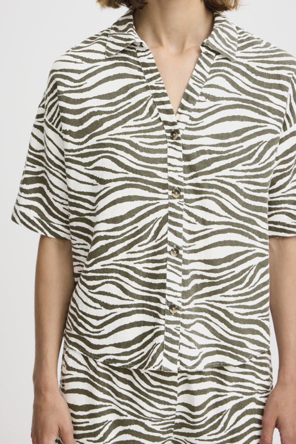 FALAKKA Linen Zebra Shirt in Khaki Olive Green