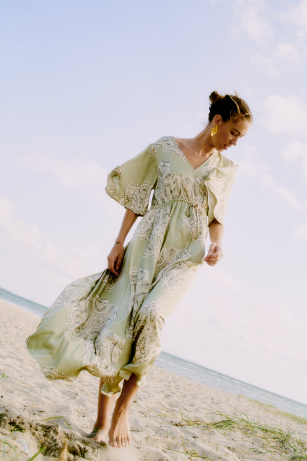JANNIKE Maxi Kimono Dress in Muted Pistachio Green Paisley
