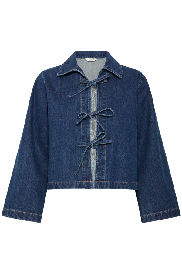 LUKAN Cotton Denim Bow Tie Shirt Jacket in Mid-Blue