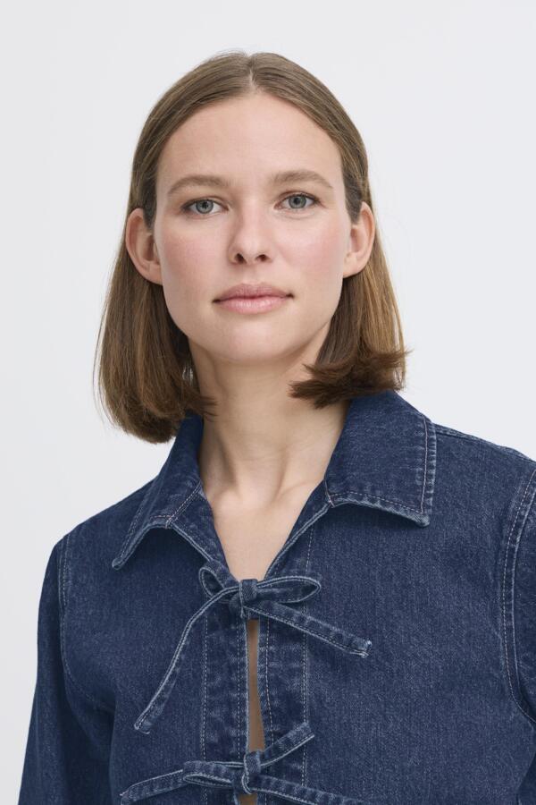 LUKAN Cotton Denim Bow Tie Shirt Jacket in Mid-Blue