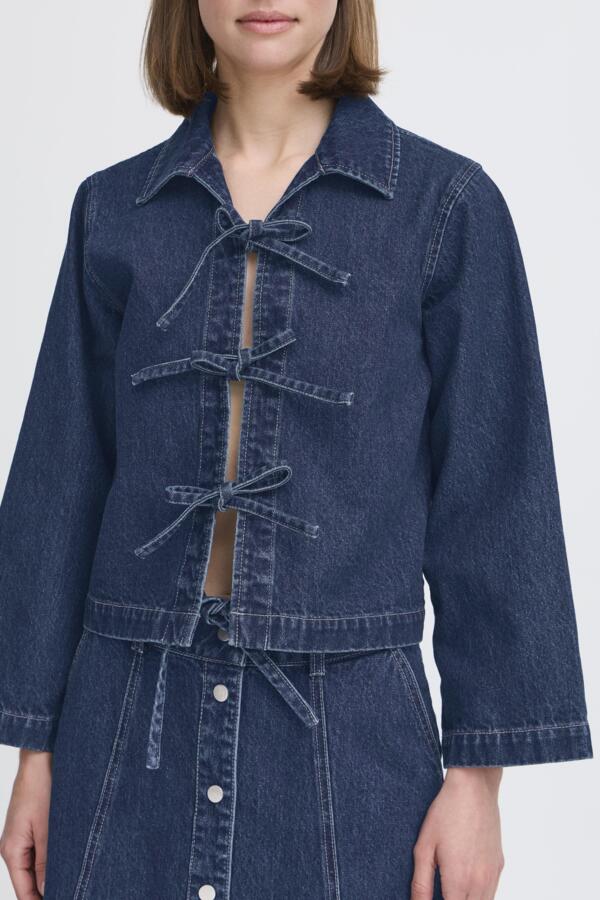 LUKAN Cotton Denim Bow Tie Shirt Jacket in Mid-Blue