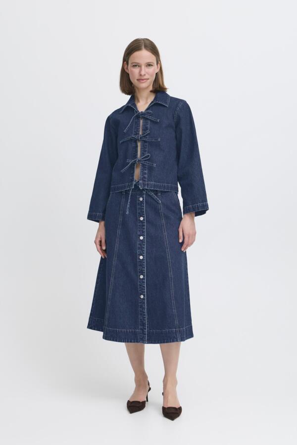 LUKAN Cotton Denim Bow Tie Shirt Jacket in Mid-Blue