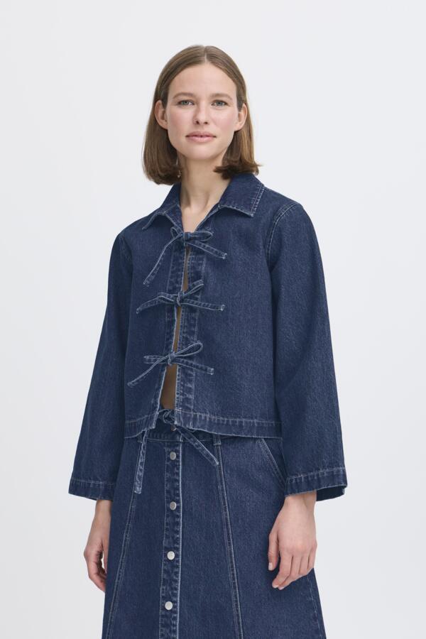 LUKAN Cotton Denim Bow Tie Shirt Jacket in Mid-Blue