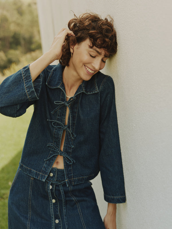 LUKAN Cotton Denim Bow Tie Shirt Jacket in Mid-Blue