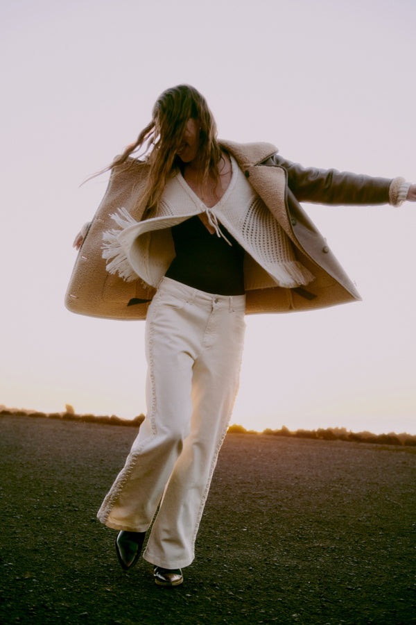 MELIN Fringe Detail Tie Cardigan in Birch Cream