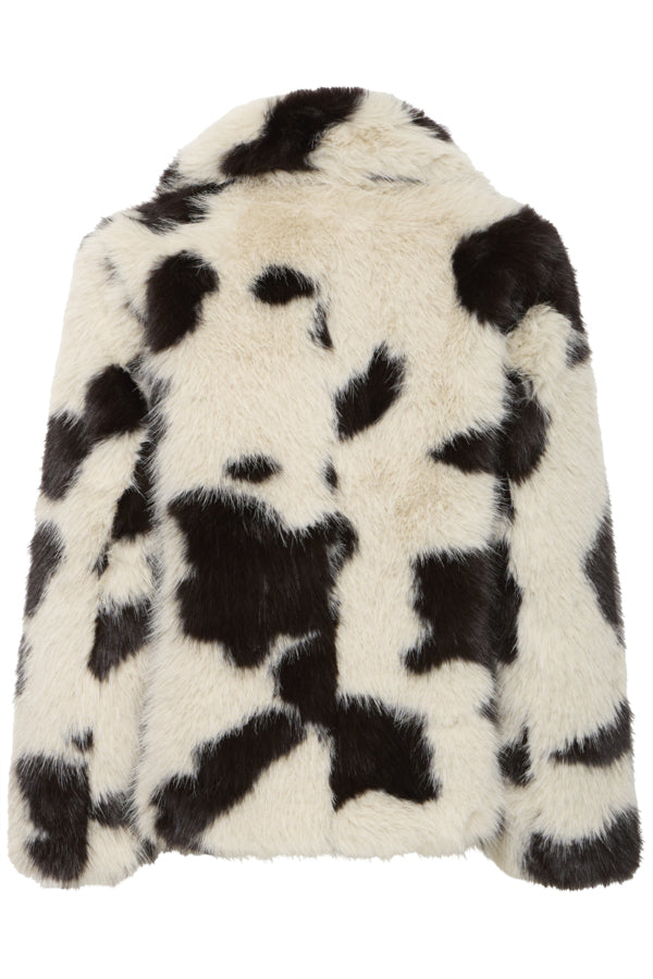 BEMIO Faux Fur Cropped Cow Print Coat