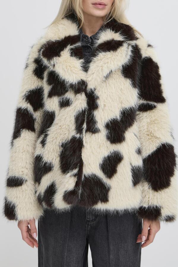 BEMIO Faux Fur Cropped Cow Print Coat