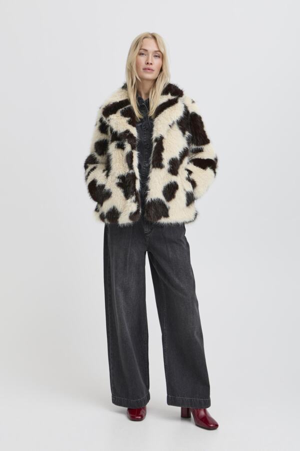 BEMIO Faux Fur Cropped Cow Print Coat