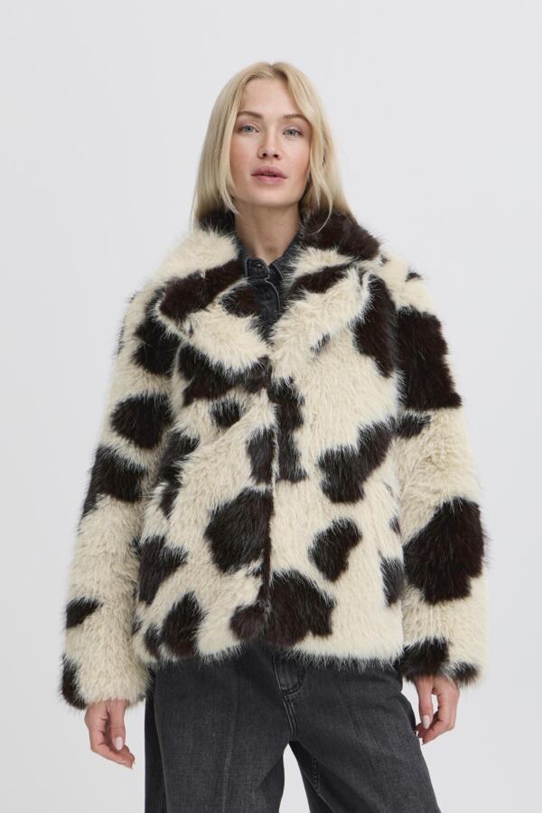 BEMIO Faux Fur Cropped Cow Print Coat
