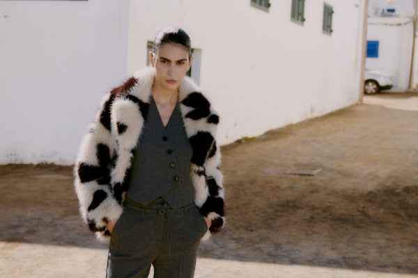 BEMIO Faux Fur Cropped Cow Print Coat