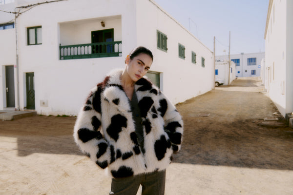 BEMIO Faux Fur Cropped Cow Print Coat