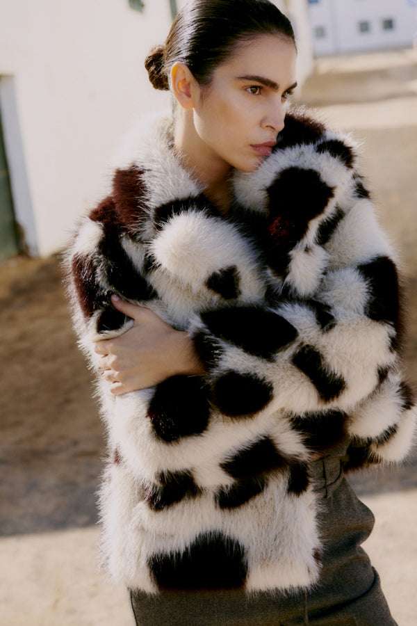 BEMIO Faux Fur Cropped Cow Print Coat