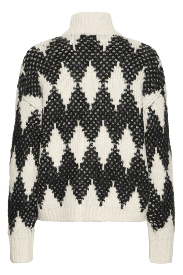 OMHU Jacquard Diamond Black and White Roll Neck Jumper