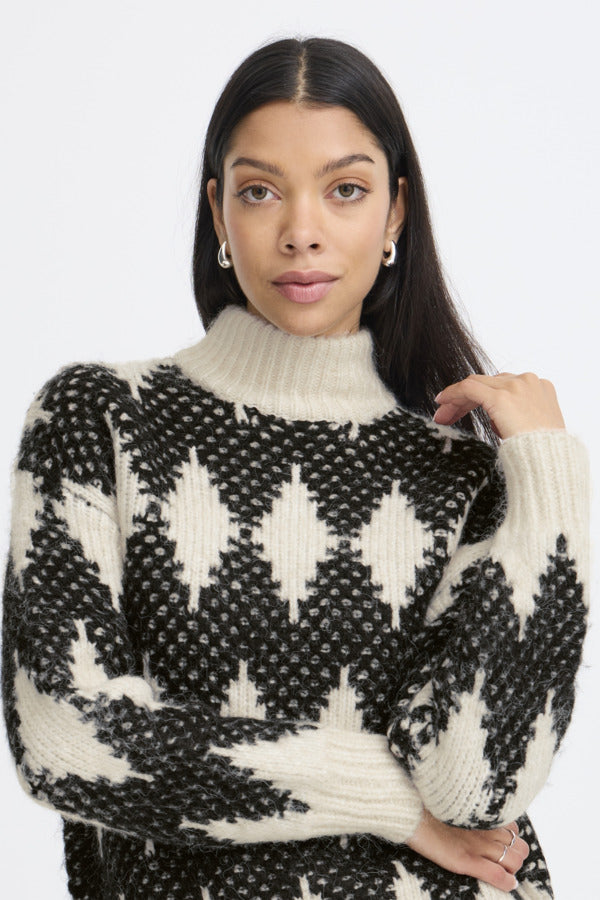 OMHU Jacquard Diamond Black and White Roll Neck Jumper