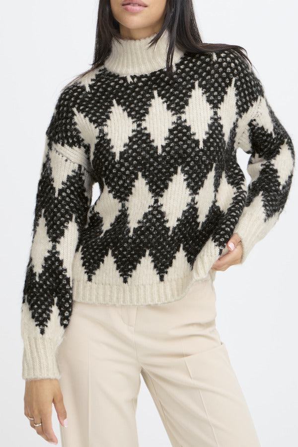 OMHU Jacquard Diamond Black and White Roll Neck Jumper