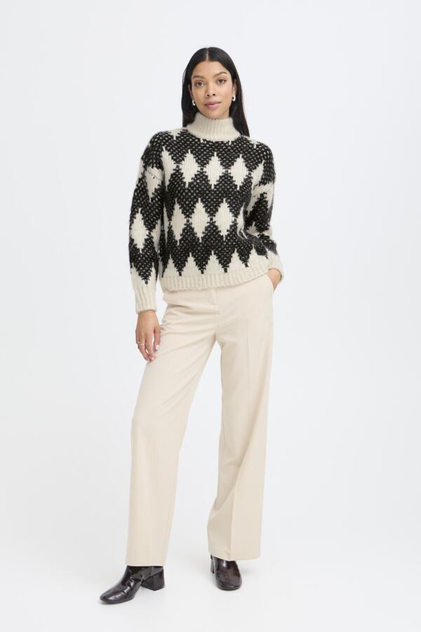 OMHU Jacquard Diamond Black and White Roll Neck Jumper