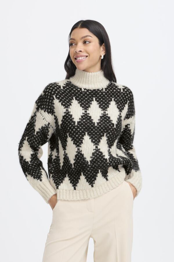 OMHU Jacquard Diamond Black and White Roll Neck Jumper