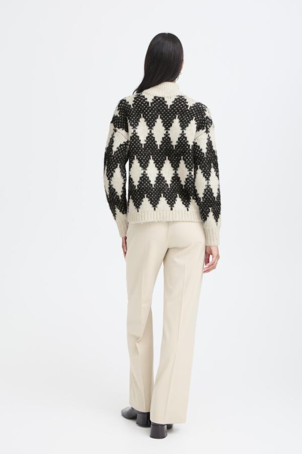 OMHU Jacquard Diamond Black and White Roll Neck Jumper