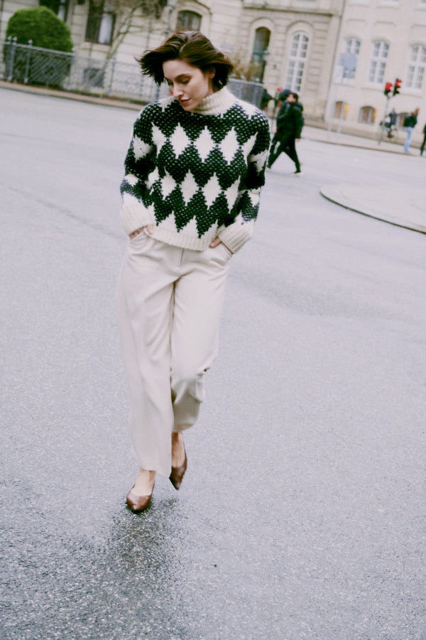 OMHU Jacquard Diamond Black and White Roll Neck Jumper