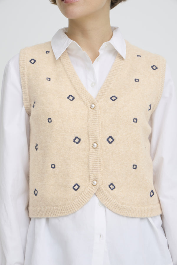 NADIKA Embroidered Sleeveless Knitted Slipover Gillet Cream and Navy