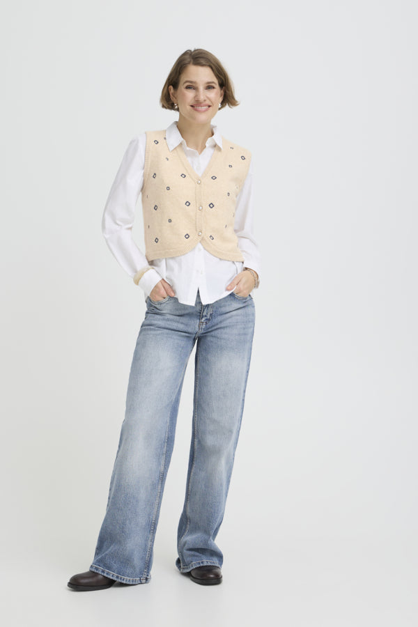 NADIKA Embroidered Sleeveless Knitted Slipover Gillet Cream and Navy