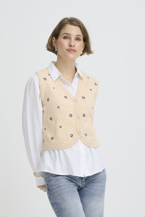 NADIKA Embroidered Sleeveless Knitted Slipover Gillet Cream and Navy