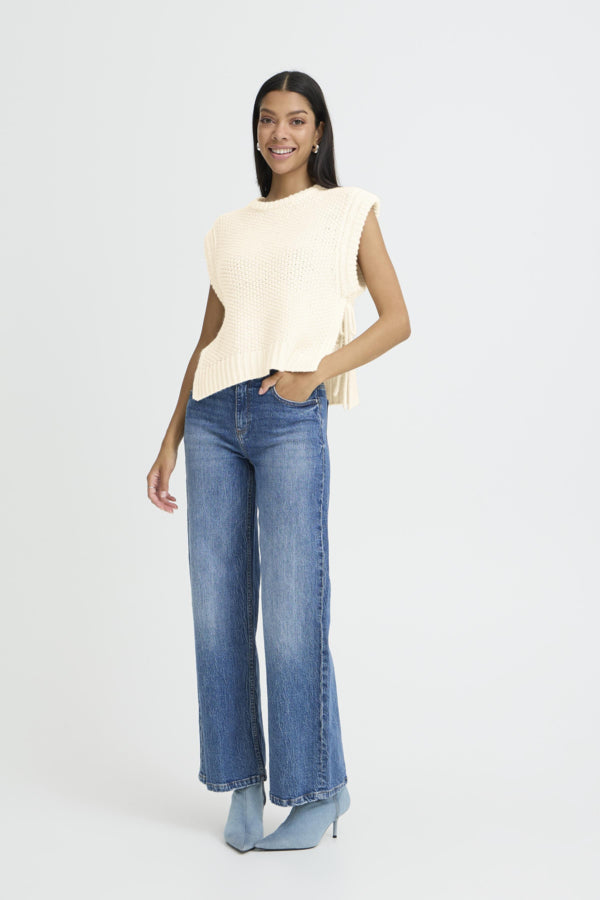 NITTA Sleeveless Knitted Slipover Gillet in Birch Cream