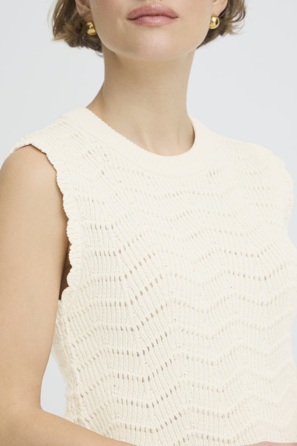 NERO Knitted Lacey High Neck Sleeveless Top in Birch Cream