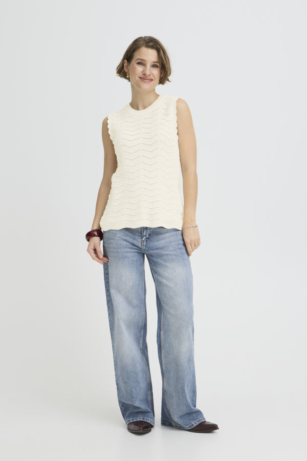 NERO Knitted Lacey High Neck Sleeveless Top in Birch Cream