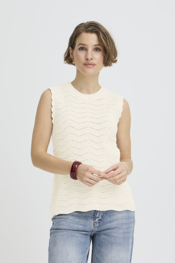 NERO Knitted Lacey High Neck Sleeveless Top in Birch Cream