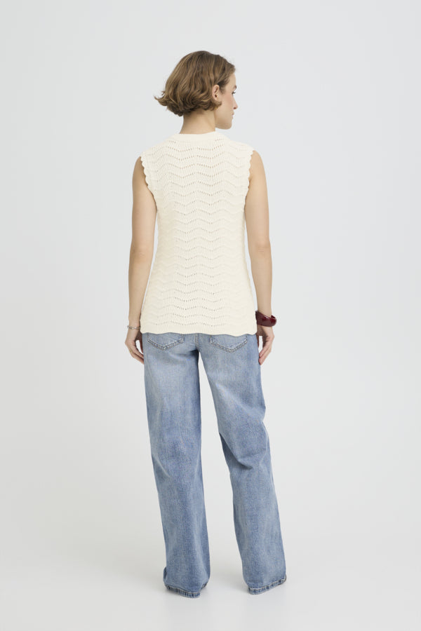 NERO Knitted Lacey High Neck Sleeveless Top in Birch Cream