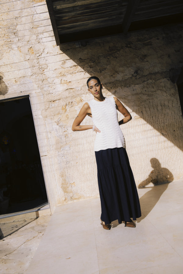 NERO Knitted Lacey High Neck Sleeveless Top in Birch Cream