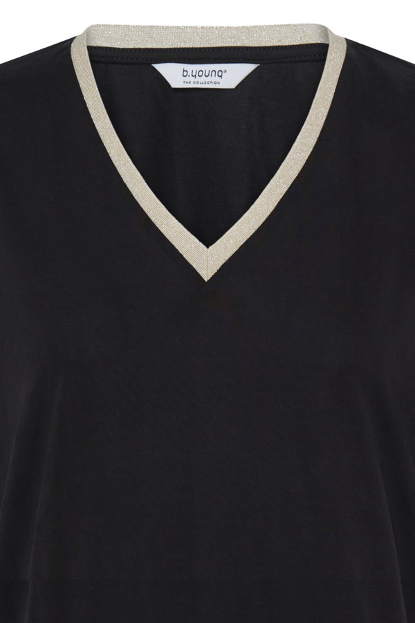 PERL V-Neck Tee in Black with Gold Neckline Trim