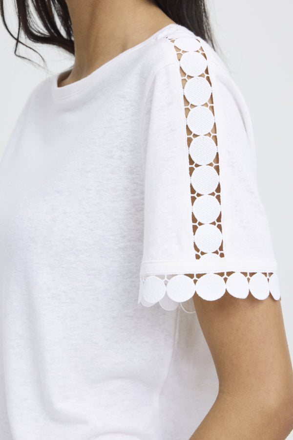 SOLTA Circle Cut Out Shoulder Linen Blend Tee in Marshmallow white