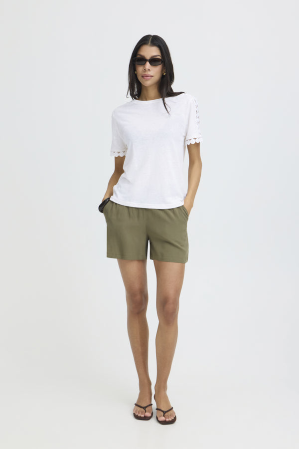 SOLTA Circle Cut Out Shoulder Linen Blend Tee in Marshmallow white