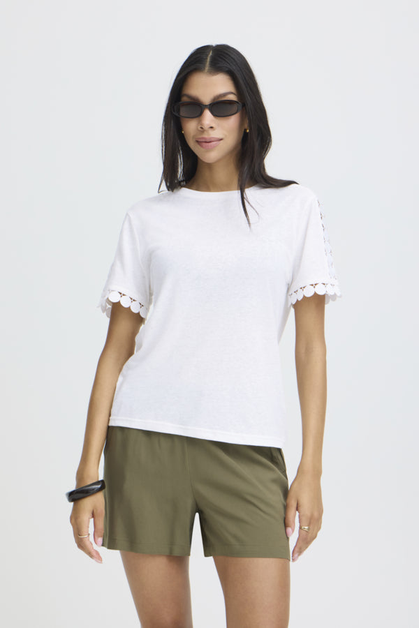 SOLTA Circle Cut Out Shoulder Linen Blend Tee in Marshmallow white