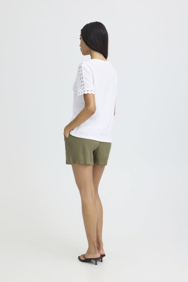 SOLTA Circle Cut Out Shoulder Linen Blend Tee in Marshmallow white
