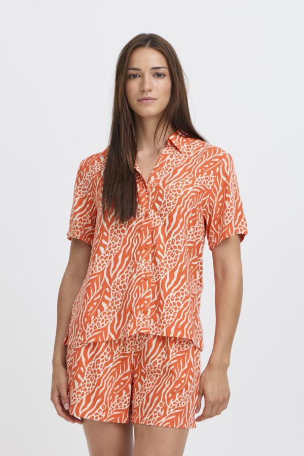 JOELLA Animal Mix Stripe Short Sleeve Shirt in Bright Orange