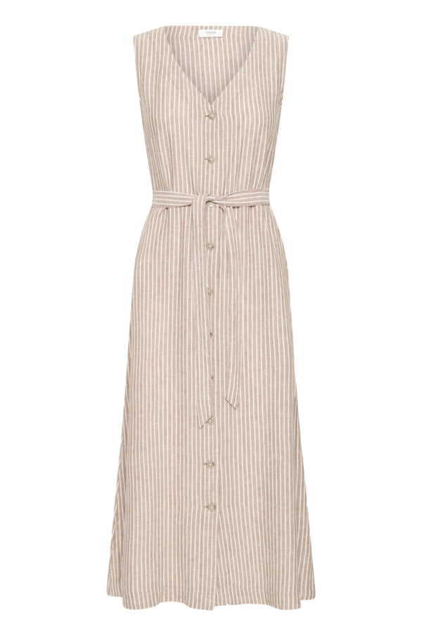FALAKKA Button Down Sleeveless Shirt Dress in Brown Stripe