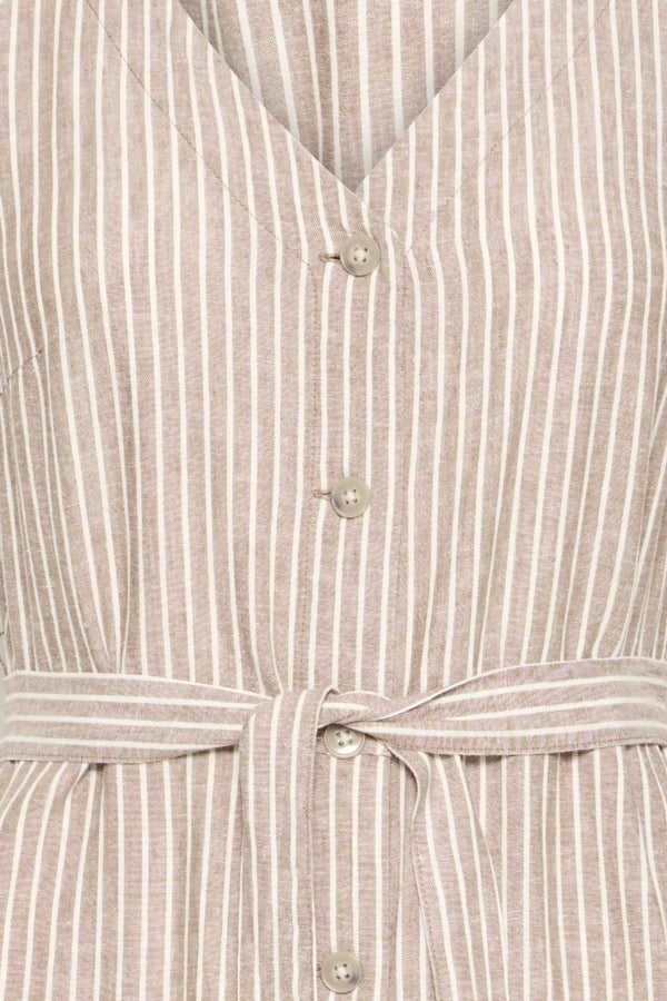 FALAKKA Button Down Sleeveless Shirt Dress in Brown Stripe