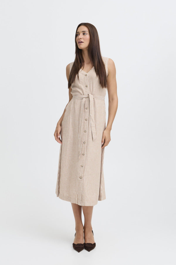 FALAKKA Button Down Sleeveless Shirt Dress in Brown Stripe