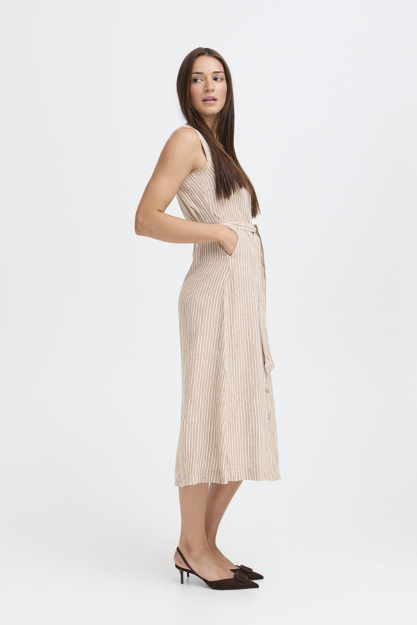FALAKKA Button Down Sleeveless Shirt Dress in Brown Stripe
