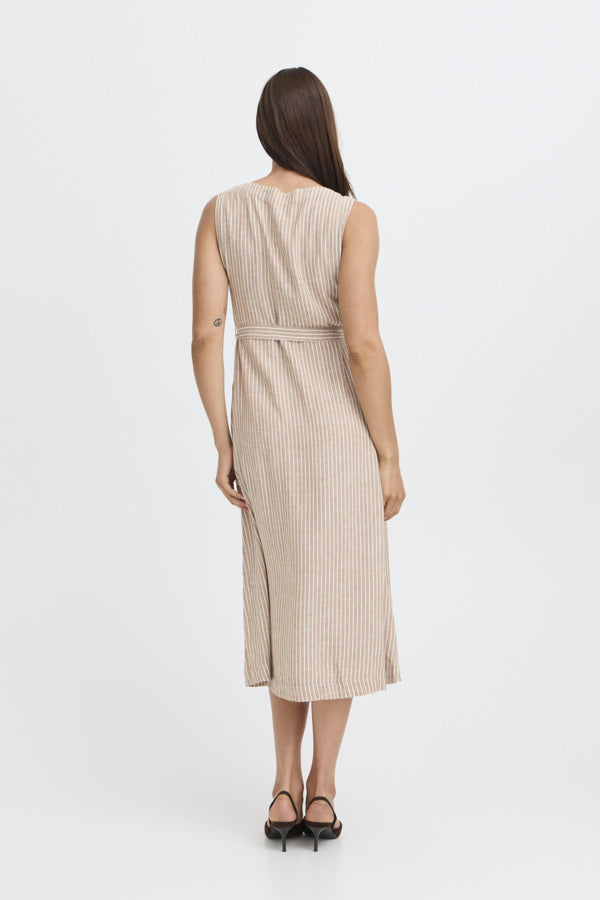FALAKKA Button Down Sleeveless Shirt Dress in Brown Stripe