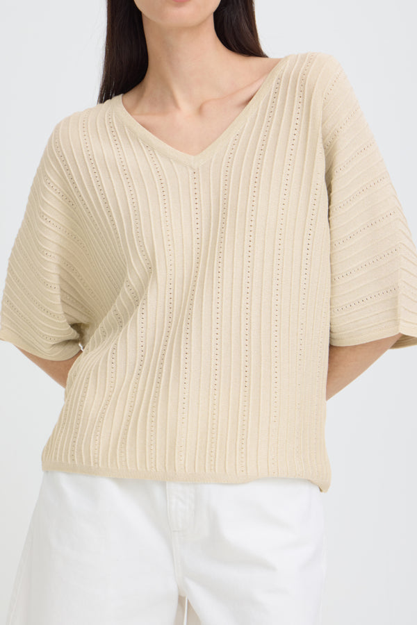 MOBBE V Neck Fine Jumper in Birch cream